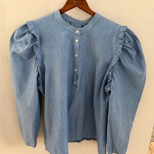 J. Crew Light Blue Denim Blouse with Ruffled Sleeves